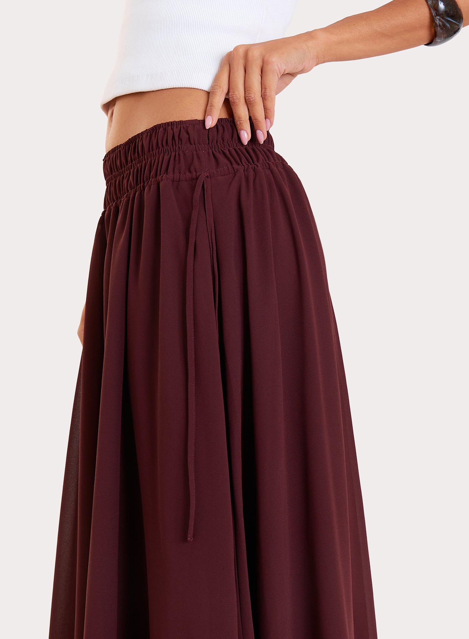 Chocolate Chiffon Asymmetric Hem Maxi Skirt